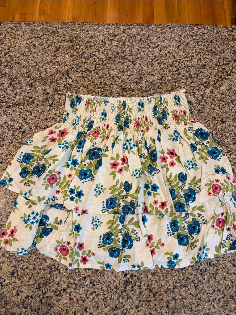 Natural Life Floral Tiered Smocked Mini Skirt - White with Blue & Pink Flowers